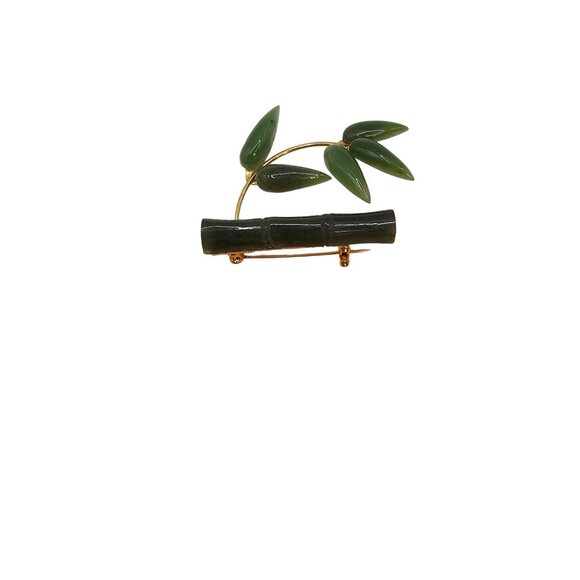 VTG Brooch Jade Green Stone Bamboo Leaves Botanical Cottagecore FairyCore Pin - Picture 4 of 15